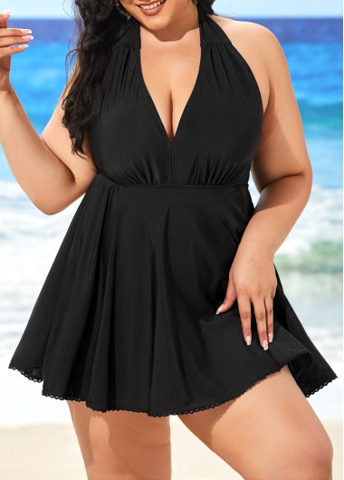 Modlily Plus Size Black Halter One Piece Swimdress - 3XL
