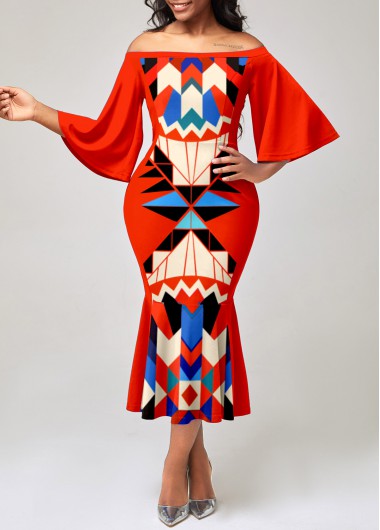 Modlily Orange Tribal Print Flare Sleeve Mermaid Dress - XL