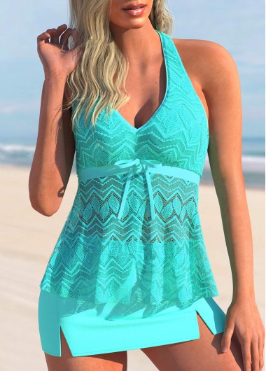 Modlily Lace Patchwork Cyan Bowknot Tankini Set - M