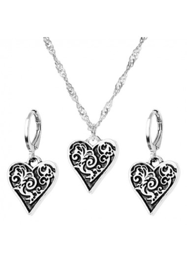 Modlily Valentines Embossed Heart Silver Earrings and Necklace - One Size