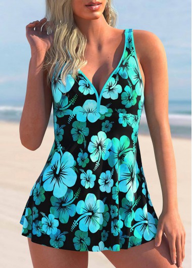 Modlily Floral Print Wide Strap Blue Swimdress Top - XXL