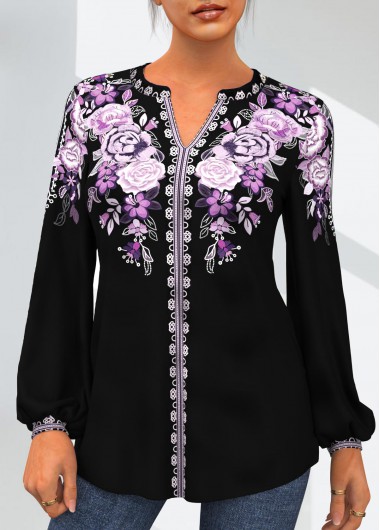 Modlily Tribal Floral Print Purple Split Neck Blouse - S