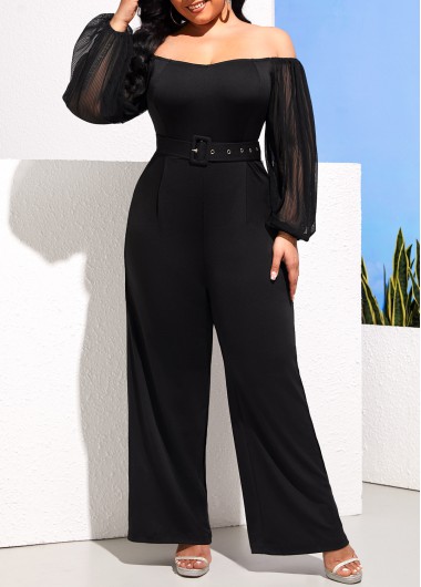 Modlily Plus Size Black Off Shoulder Buckle Belted Jumpsuit - XL