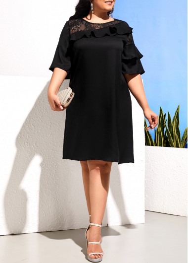 Modlily Plus Size Flounce Black Lace Stitching Dress - 2XL