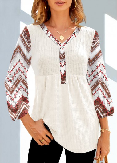 Modlily Tribal Floral Print Waffle Knit White Tunic Top - S