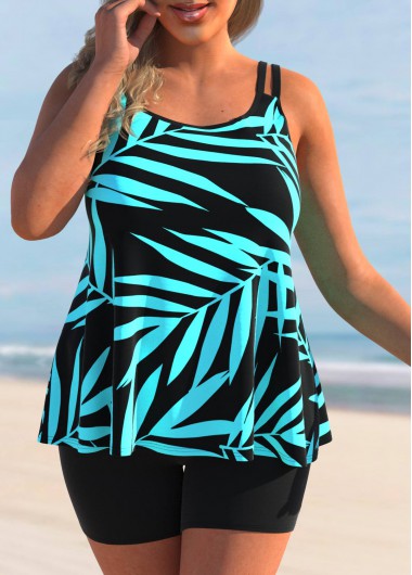 Modlily Plus Size Leaf Print Cyan Tankini Top - 3X