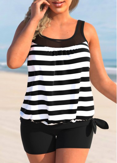 Modlily Black Striped Tie Side Plus Size Tankini Top - 2X