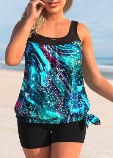 Modlily Plus Size Starry Night Print Tie Side Tankini Top - 1X