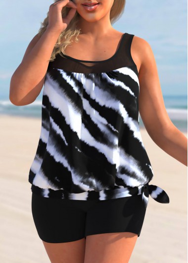 Modlily Plus Size Color Block Tie Dye Print Tankini Top - 2X