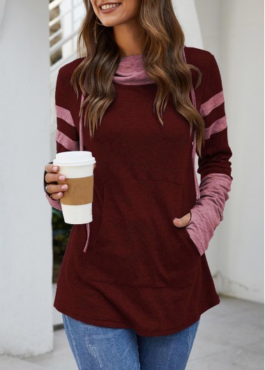 Modlily Kangaroo Pocket Hooded Collar Wine Red T Shirt - S