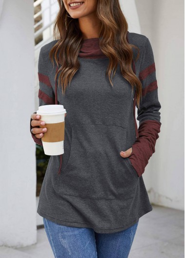 Modlily Kangaroo Pocket Dark Grey Hooded Collar T Shirt - M