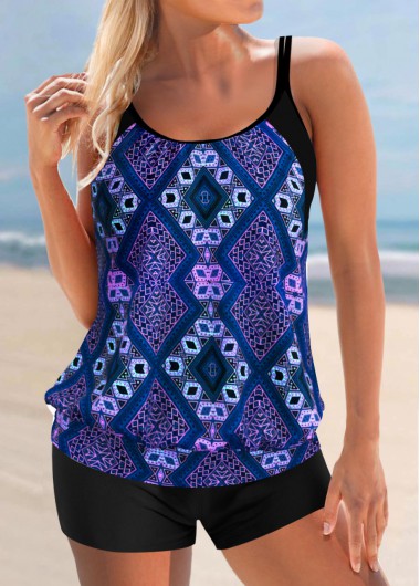 Modlily Tribal Print Purplish Blue Wide Strap Tankini Top - L