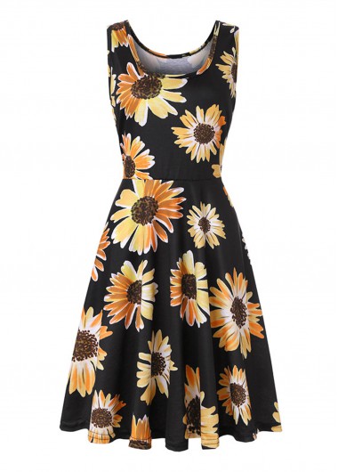 Modlily Daisy Print Black Round Neck Sleeveless Dress - M