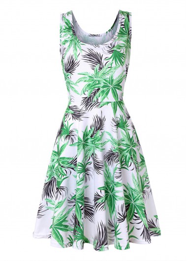 Modlily Leaf Print Round Neck Sleeveless Dress - M
