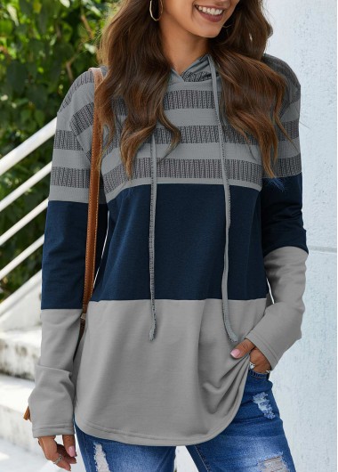 Modlily Grey Striped Drawstring Contrast Long Sleeve Hoodie - S
