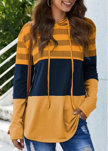 Modlily Yellow Striped Drawstring Contrast Long Sleeve Hoodie - 2XL