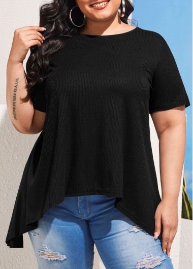 Modlily Plus Size Black Bowknot Asymmetric Hem T Shirt - 2XL