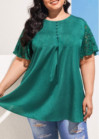 Modlily Plus Size Blackish Green Lace Stitching T Shirt - 3XL