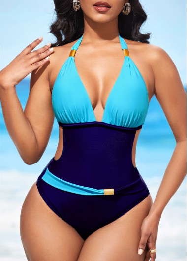 Modlily Halter Contrast Navy Blue One Piece Swimwear - XXL