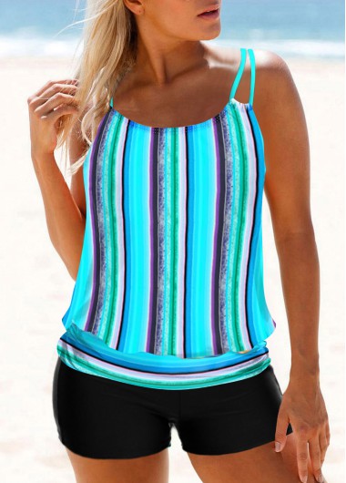 Modlily Blue Striped Double Straps Tankini Top - M