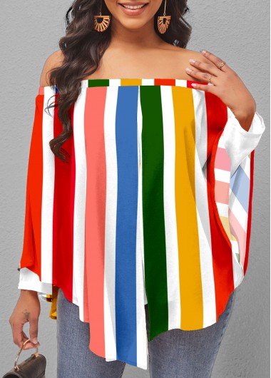 Modlily Off Shoulder Rainbow Stripe Layered Blouse - M