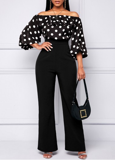 Modlily Polka Dot High Waisted Off Shoulder Jumpsuit - S