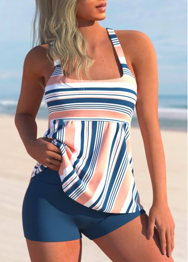 Modlily Multi Color Straped Print Tankini Swimsuit With Shorts Wide Strap Tankini Set - L