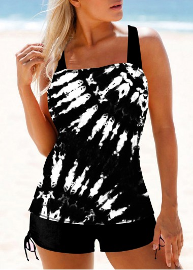 Modlily Tie Dye Print Wide Strap Black Tankini Top - S