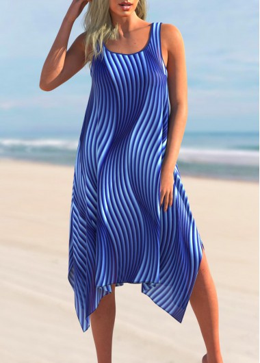Modlily Striped Asymmetric Hem Blue Cover Up Dress - M