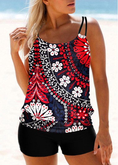 Modlily Double Straps Multi Color Floral Print Tankini Top - XL