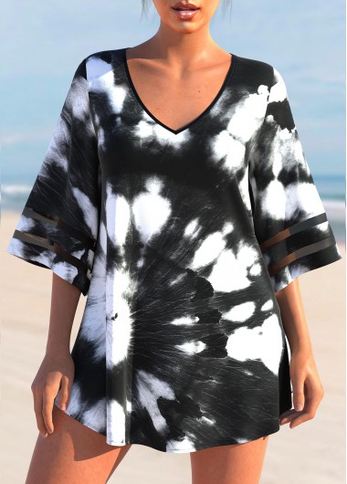 Modlily V Neck Tie Dye Print Black Cover Up - M