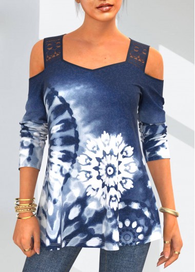 Modlily Lace Stitching Blue Tie Dye Print T Shirt - M