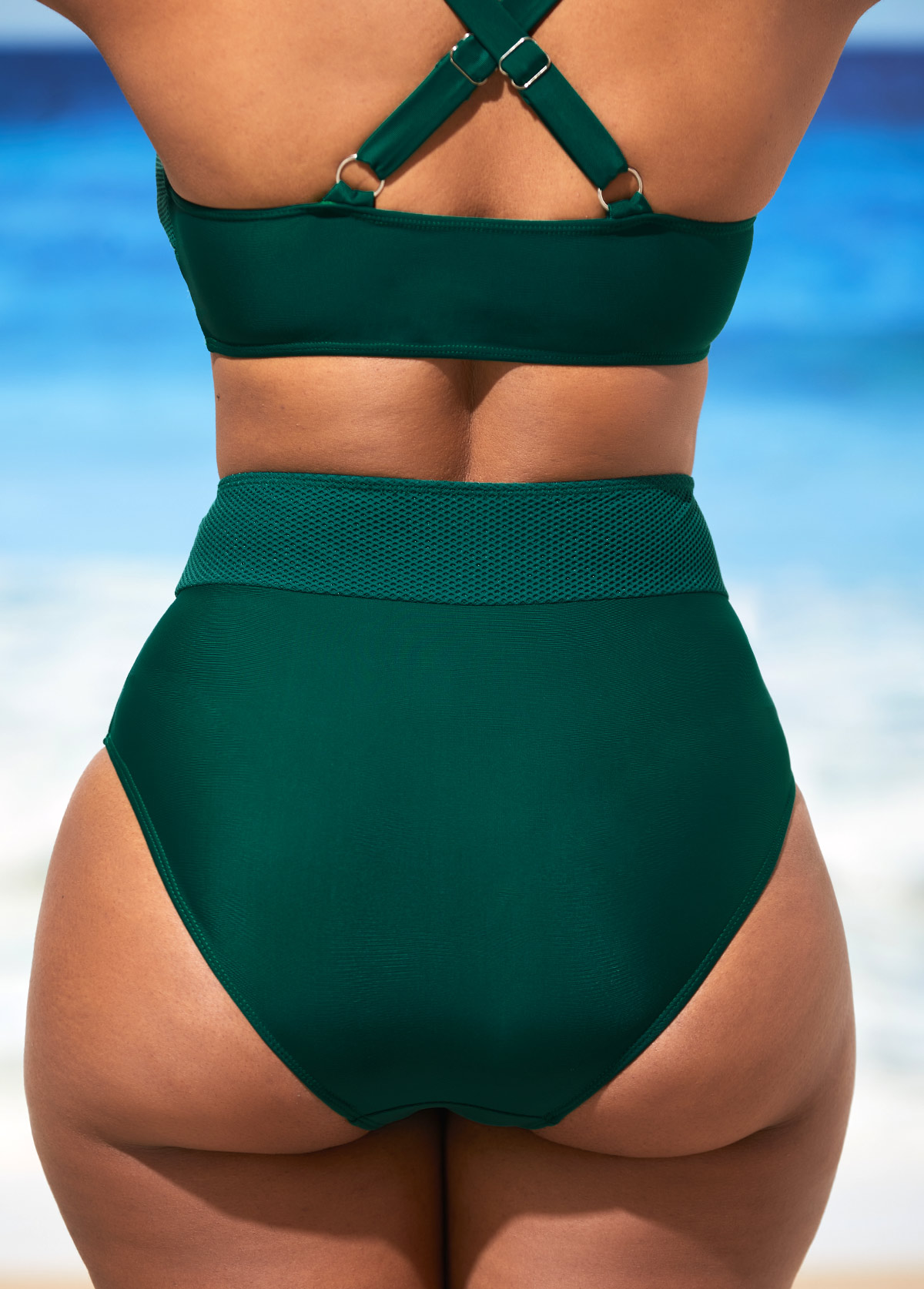 High Waist Dark Green Mesh Stitching Bikini Set