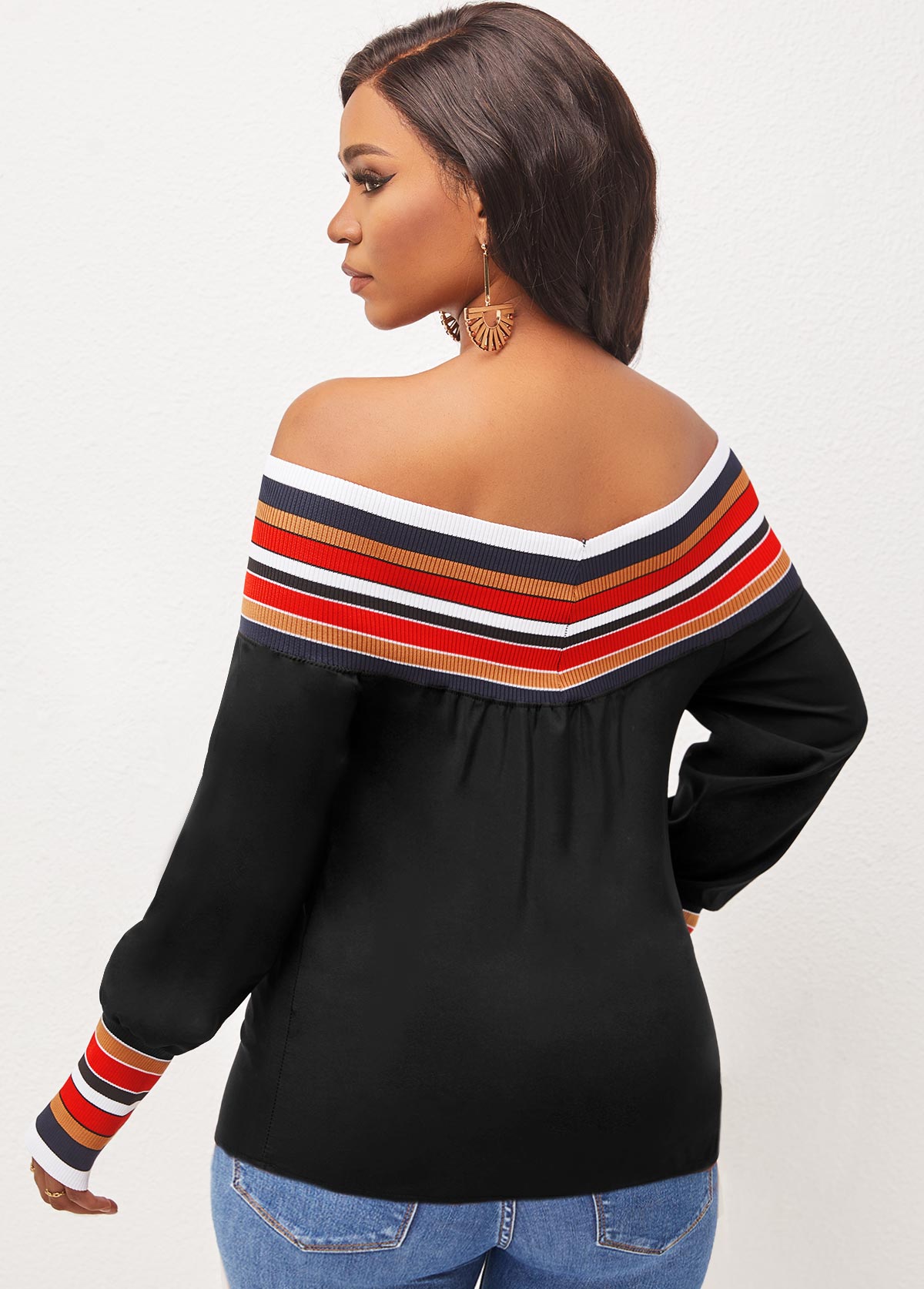 Stripe Off Shoulder Black Long Sleeve Blouse