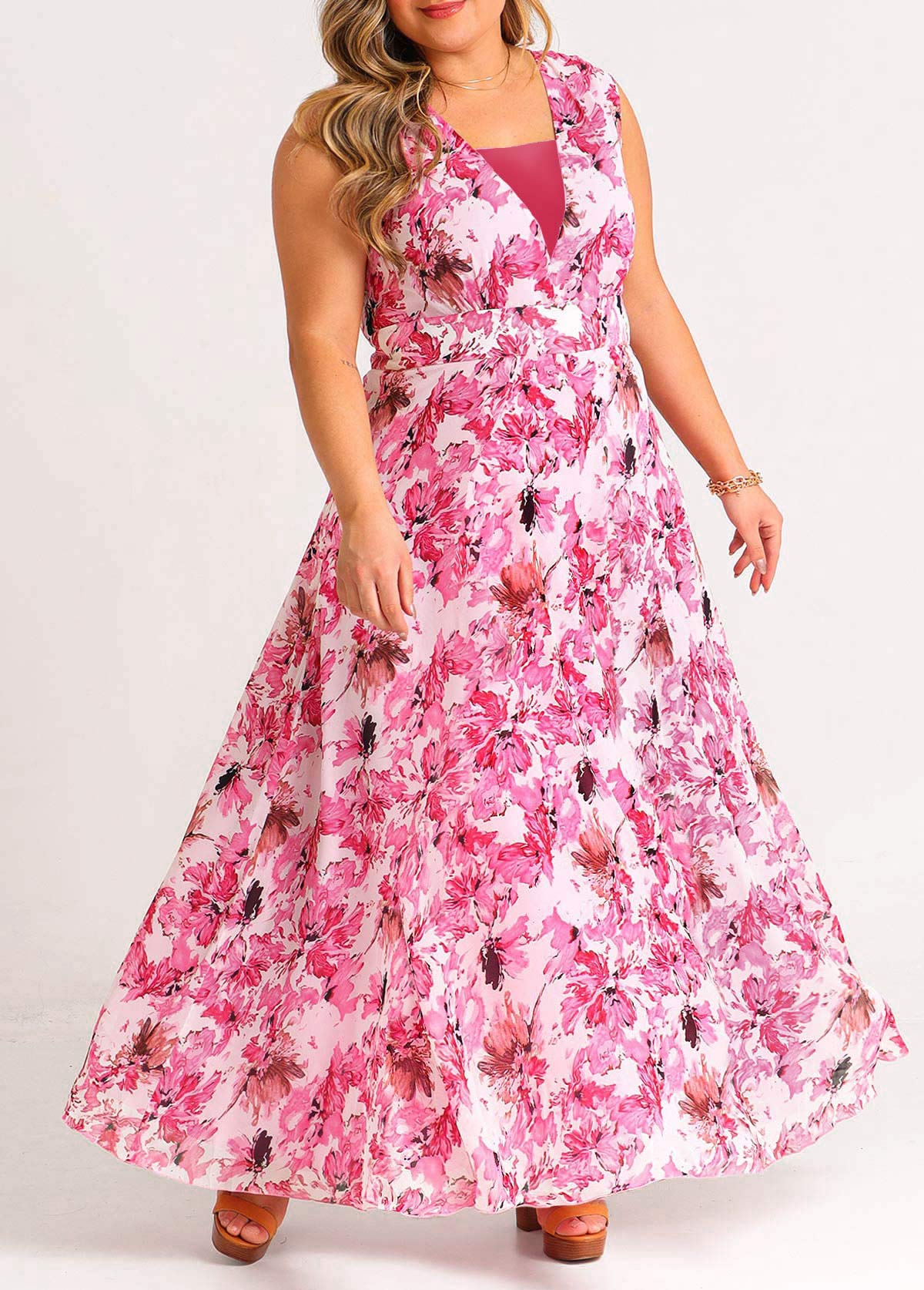 Floral Print Pink Chiffon Sleeveless Plus Size Dress