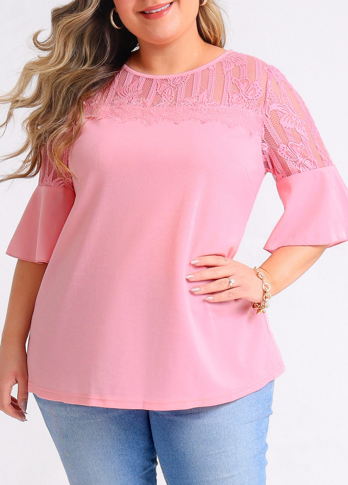 Lace Stitching Plus Size Light Pink T Shirt