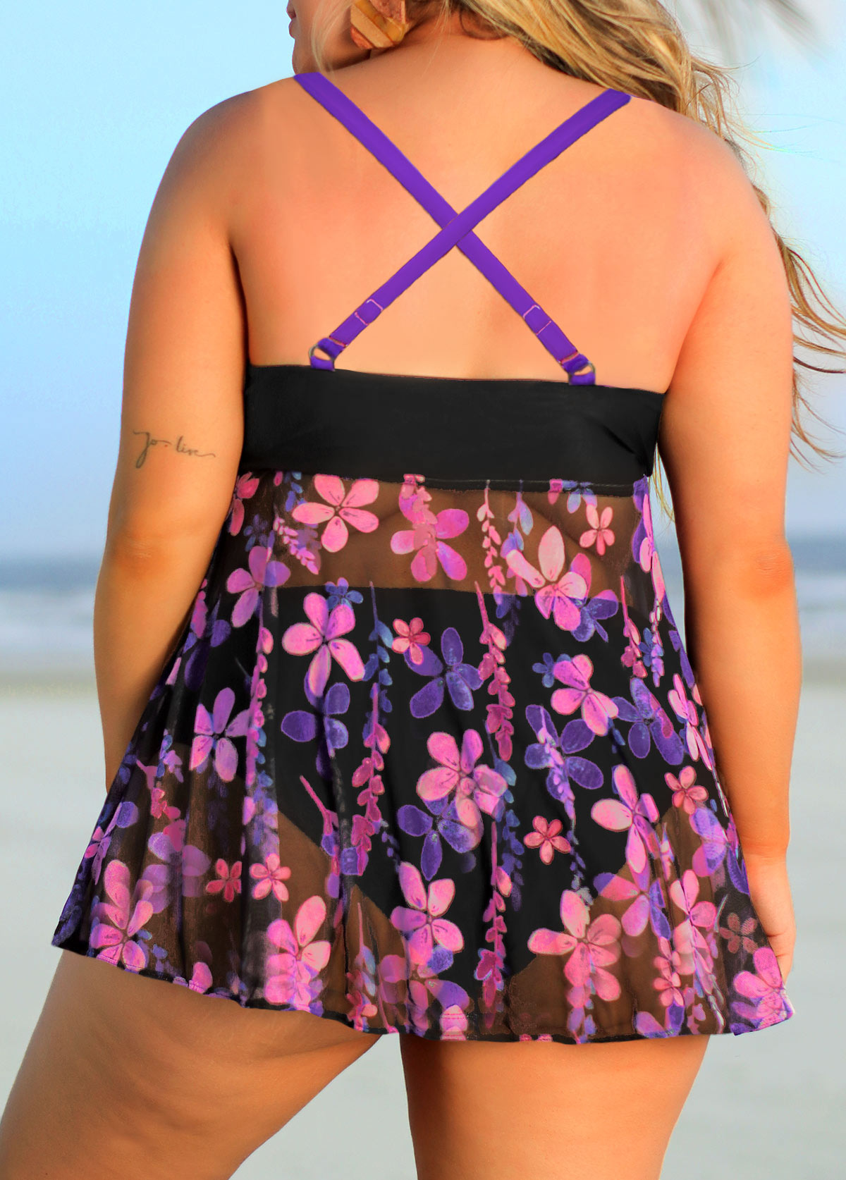 Plus Size Floral Print Purple Swimdress Top-No Bottom