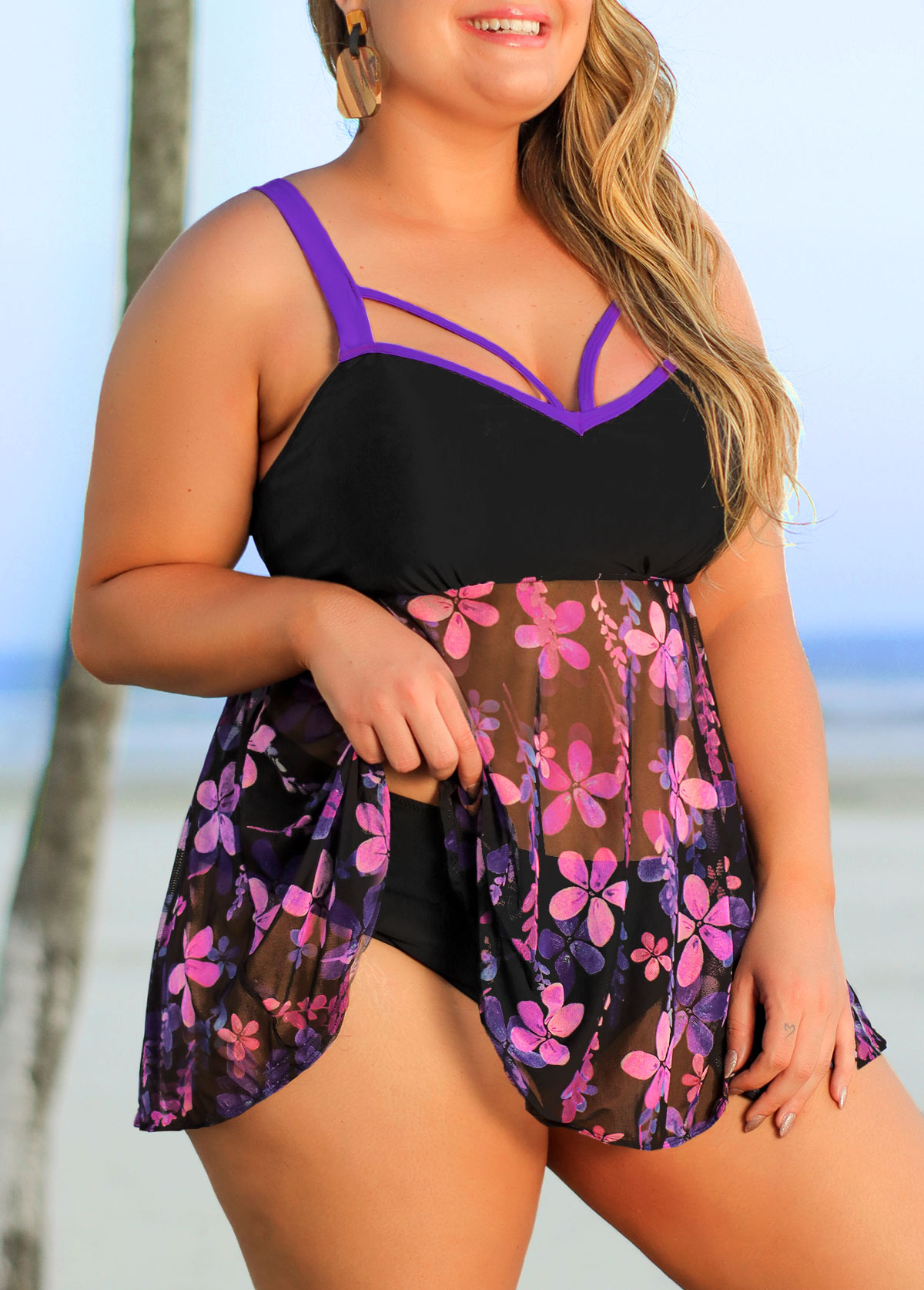 Plus Size Floral Print Purple Swimdress Set