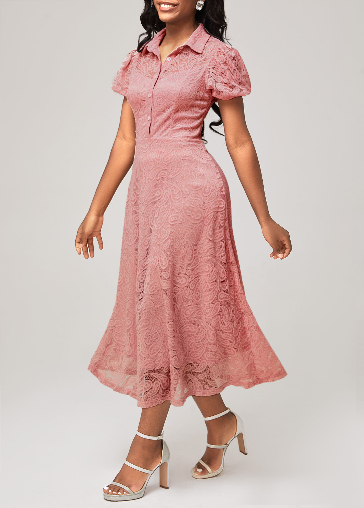 Short Sleeve Turndown Collar Dusty Pink Lace Dress