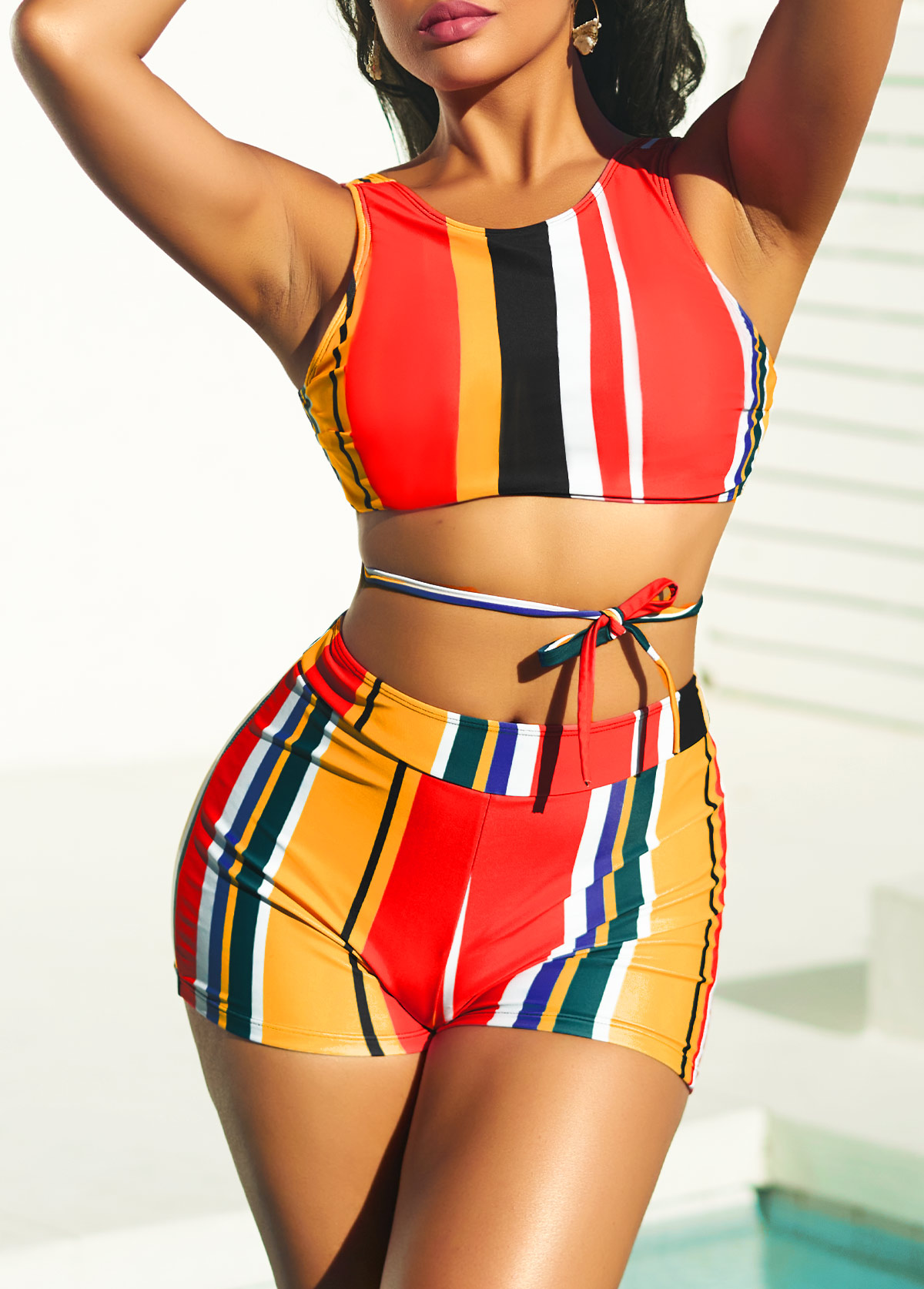 High Waisted Stripe Print Multi Color Bikini Set