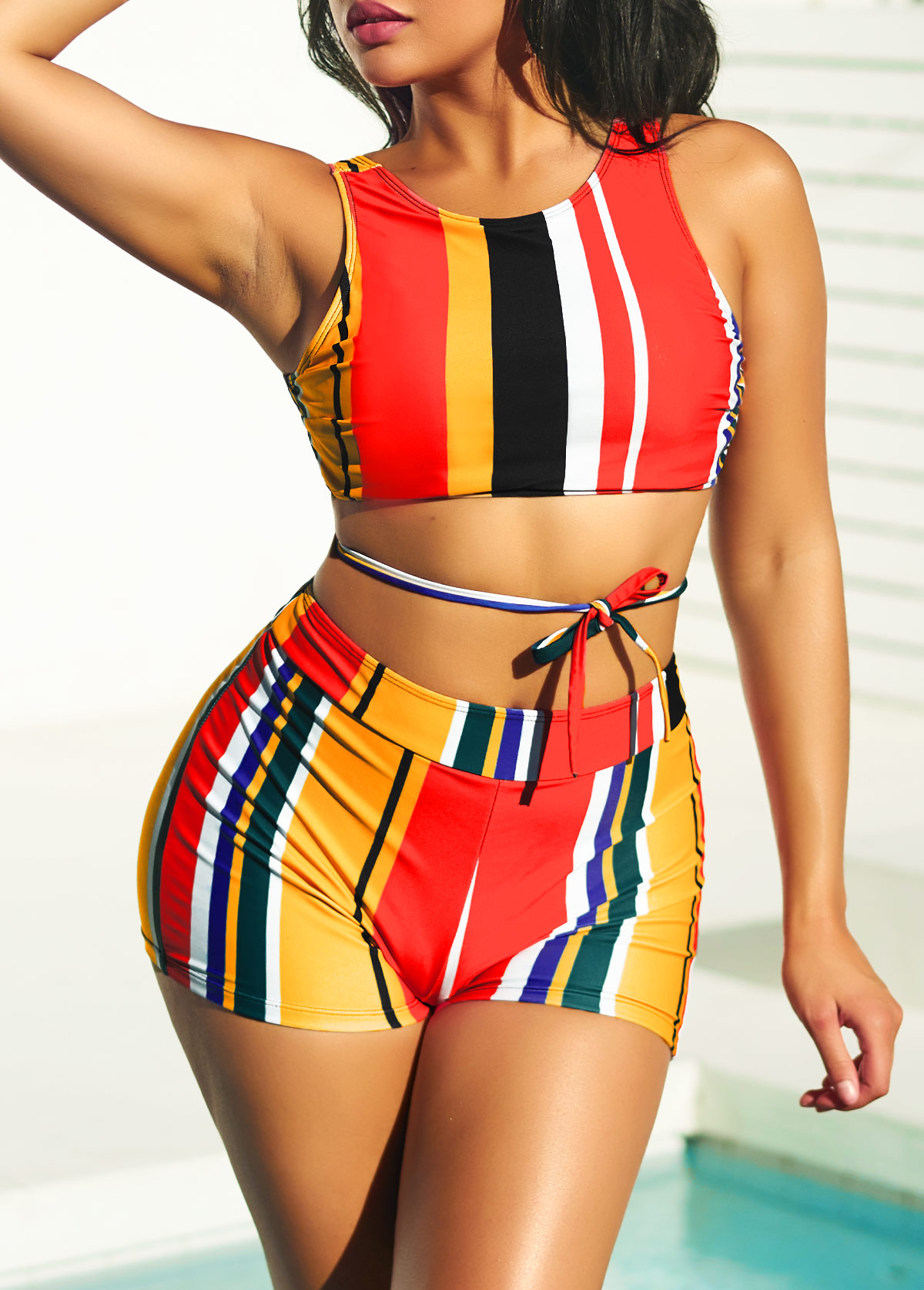 High Waisted Stripe Print Multi Color Bikini Set