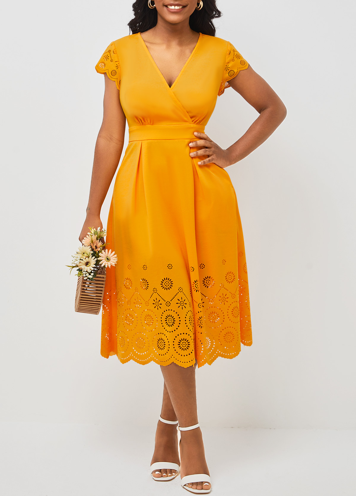 V Neck Orange Floral Design Double Side Pockets Dress