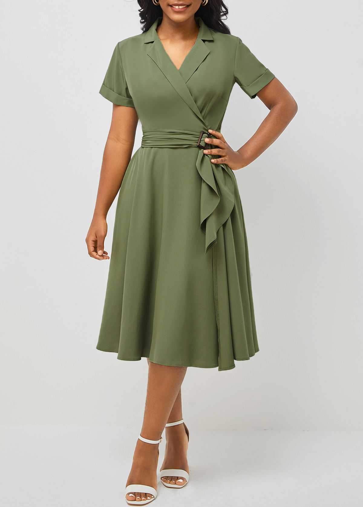Short Sleeve Army Green Notch Collar Dress