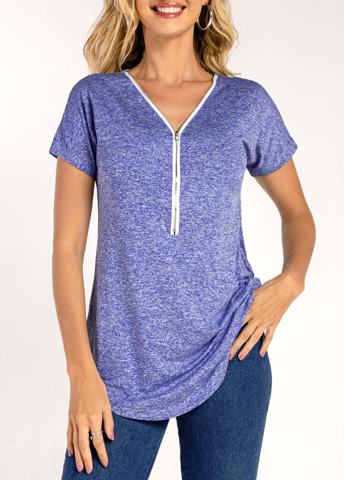 Short Sleeve Purplish Blue Quarter Zip T Shirt
