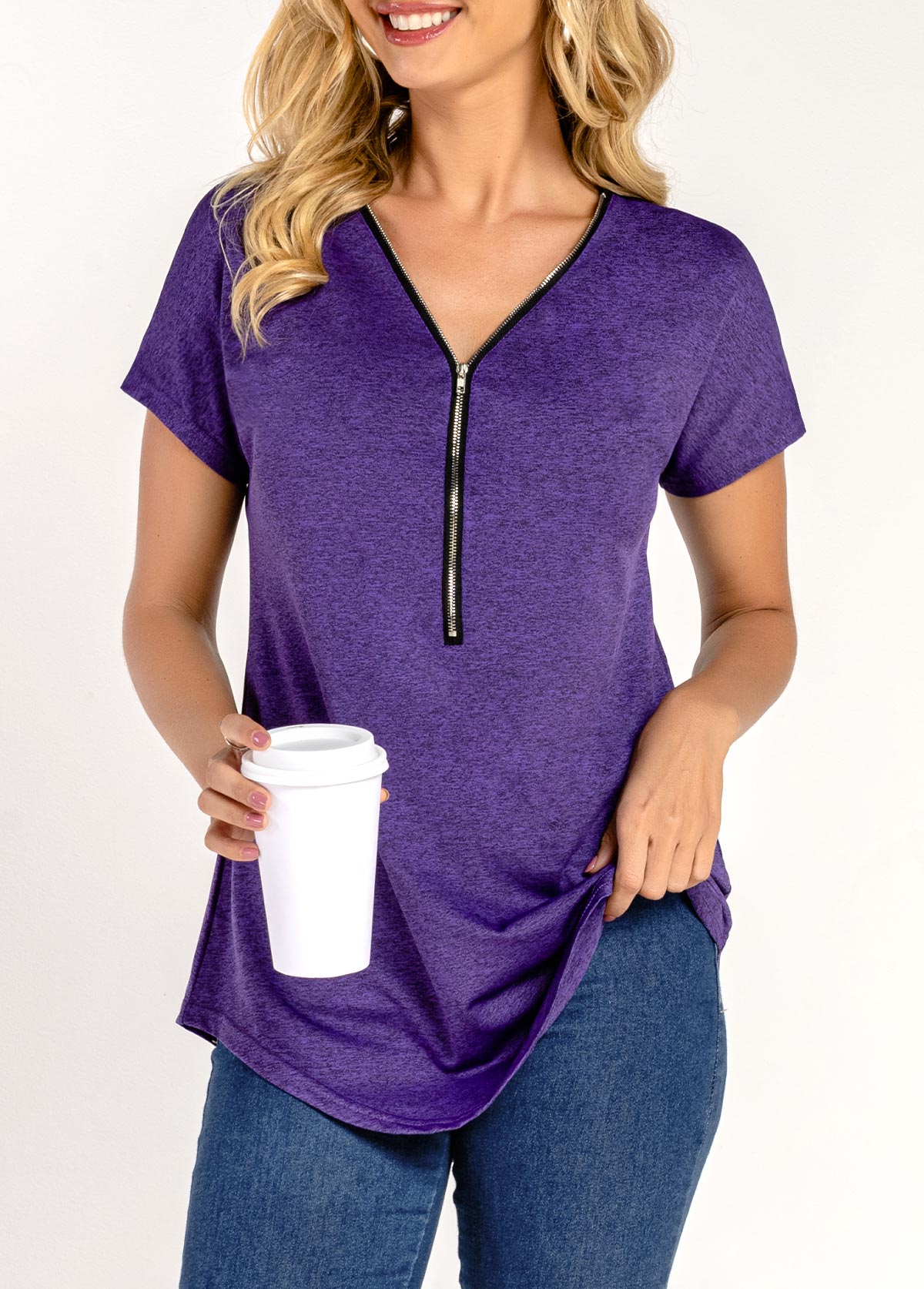 Purple Quarter Zip Short Sleeve T Shirt