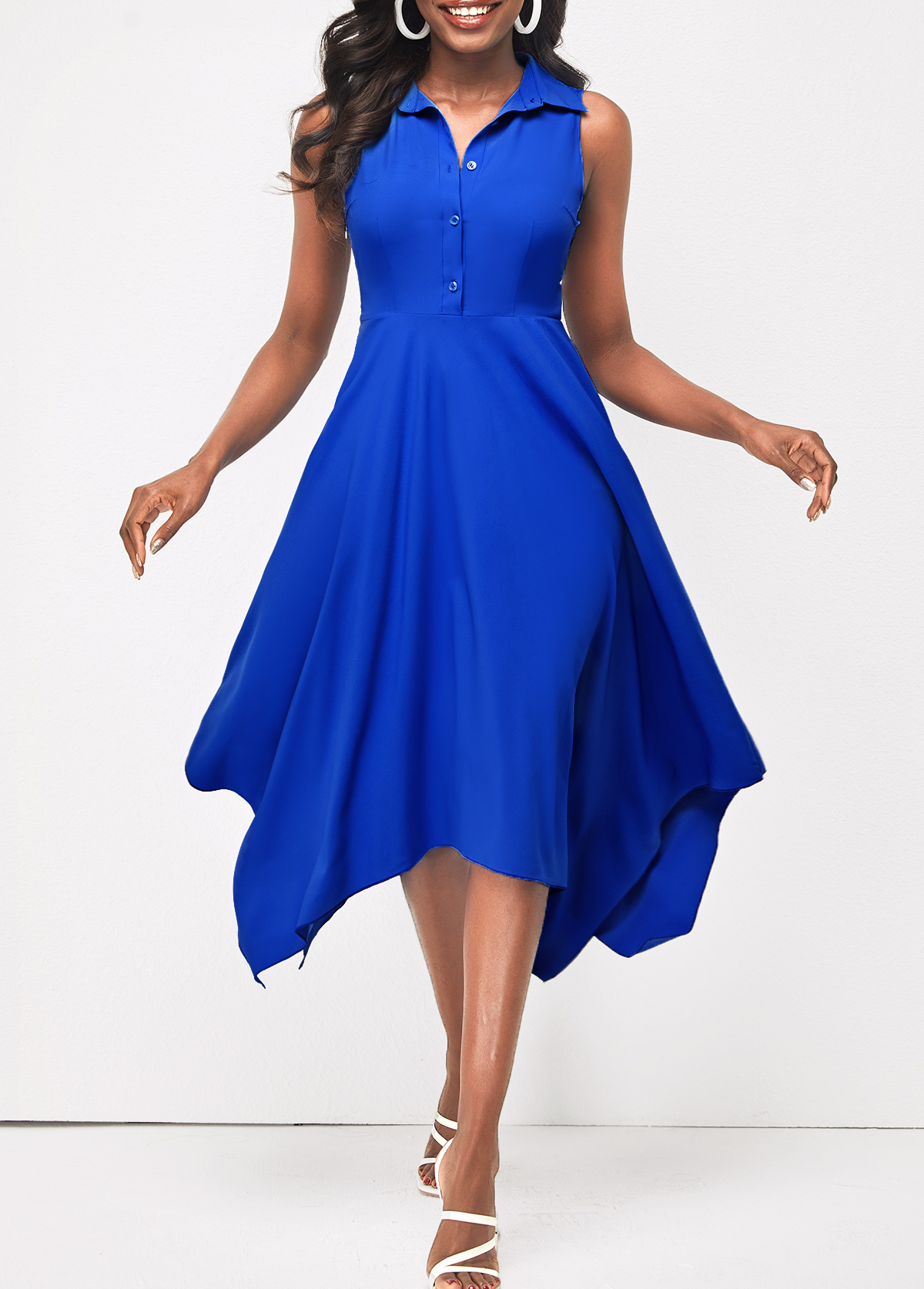 Asymmetric Hem Royal Blue Sleeveless Shirt Dress
