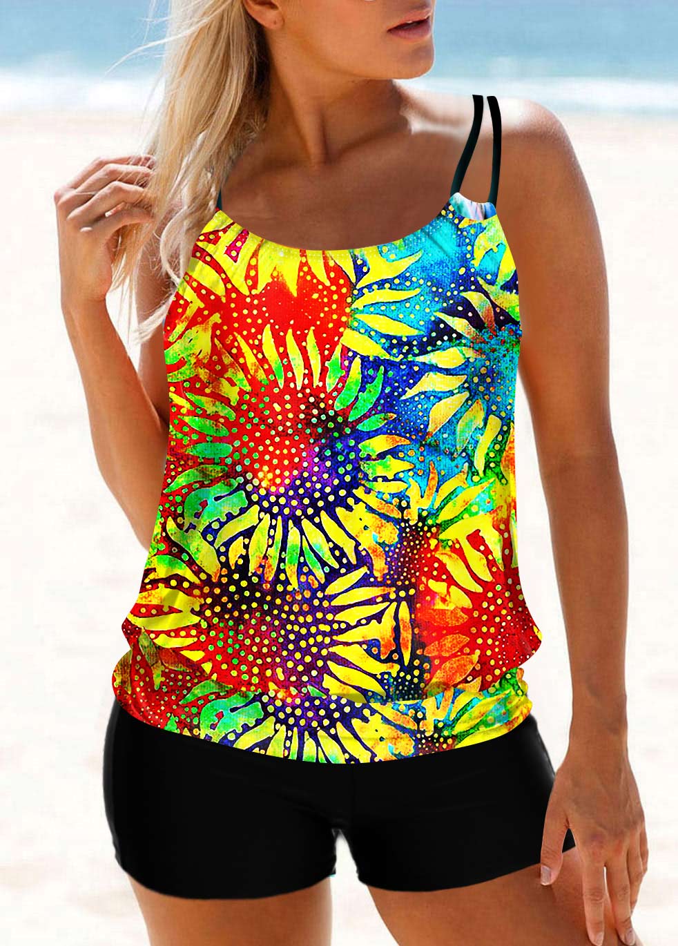 Multi Color Sunflower and Tie Dye Print Tankini Top-No Bottom | picture 