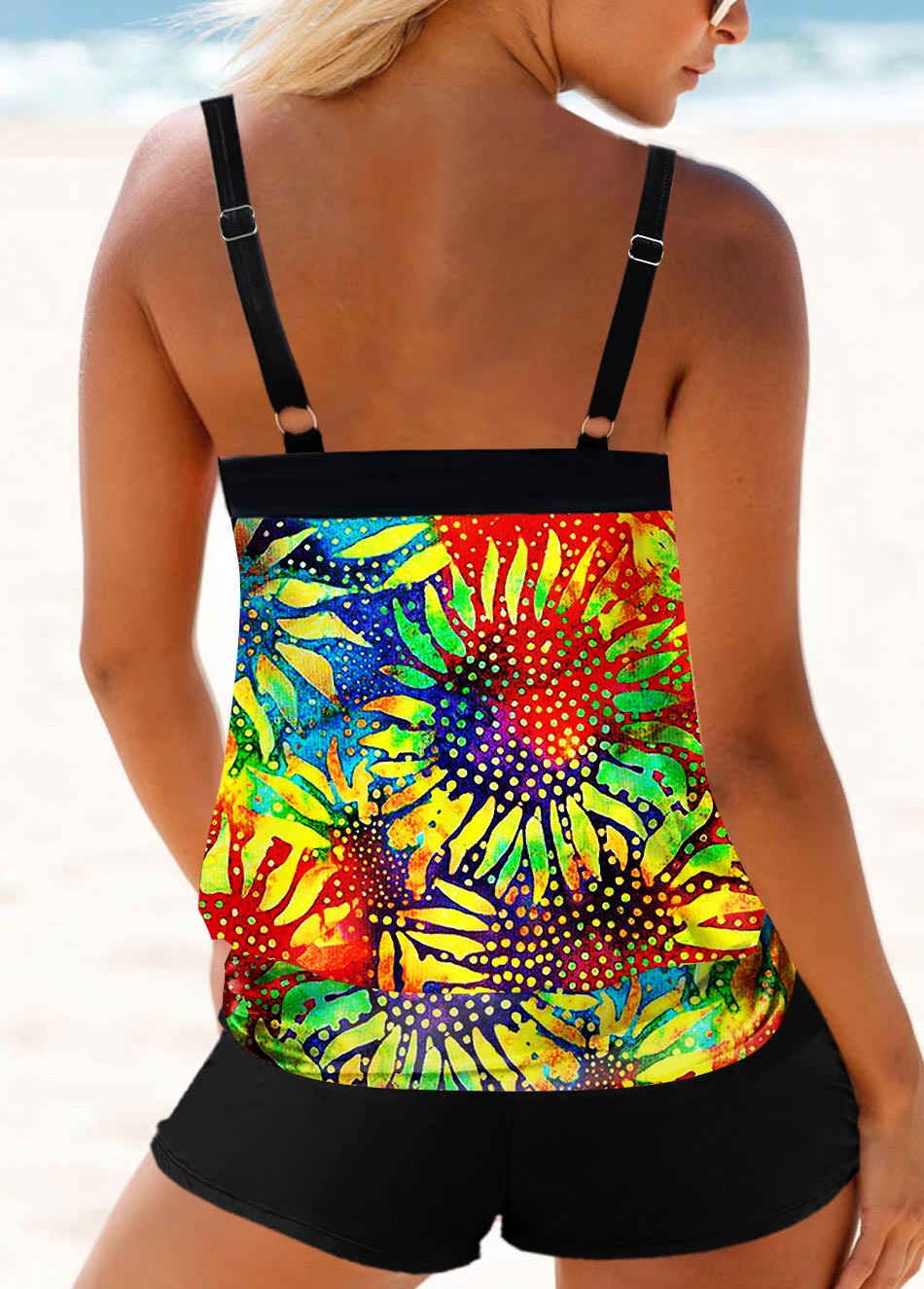 Multi Color Sunflower and Tie Dye Print Tankini Top-No Bottom