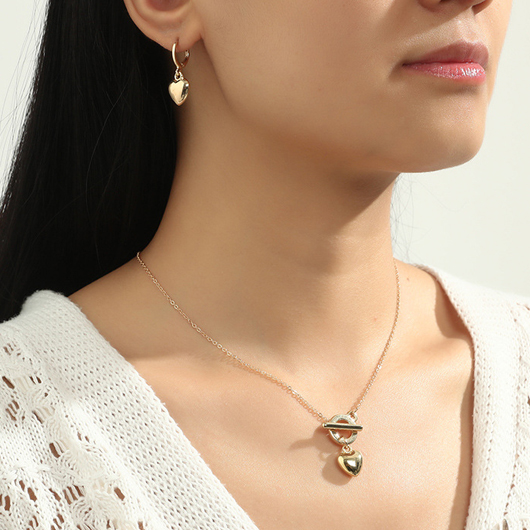 Heart Design Valentines Gold Metal Earrings and Necklace