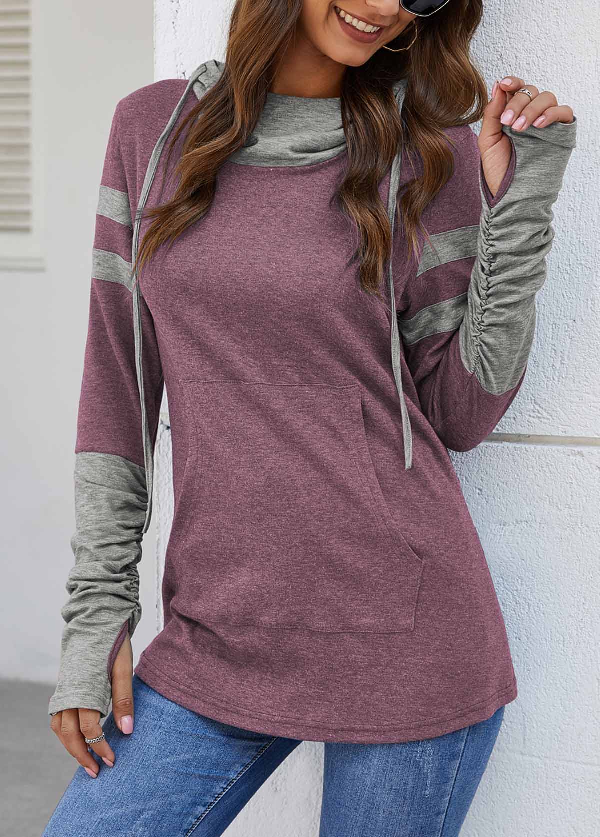 Kangaroo Pocket Dusty Pink Hooded Collar T Shirt USD 12.98